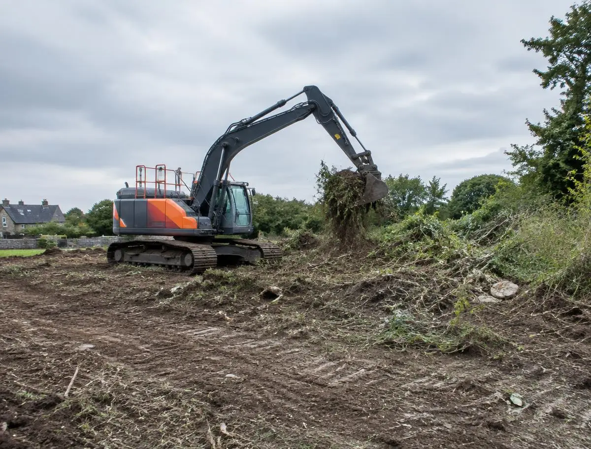 Tracked excavator clearing overgrowth and debris from a rural site