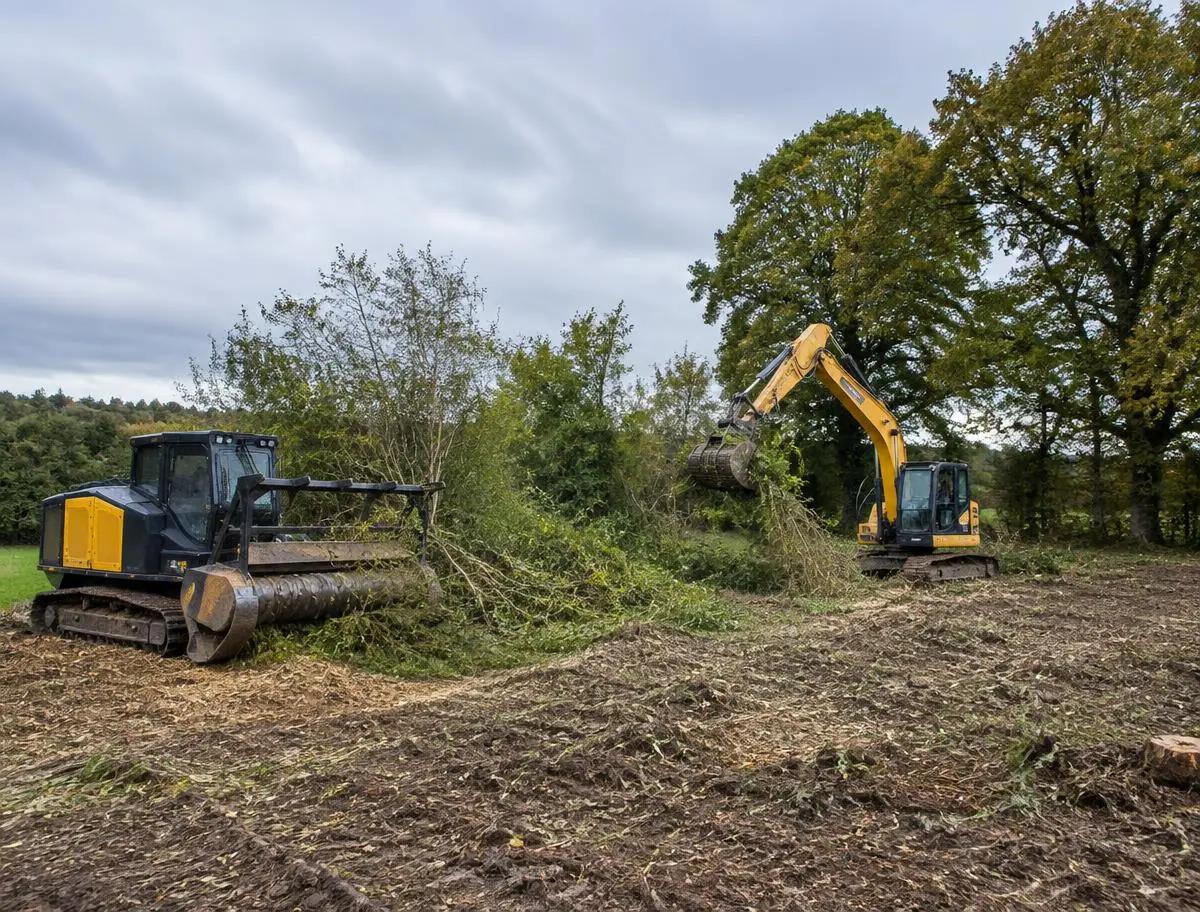 Forestry machinery clearing dense scrub and vegetation from a UK site
